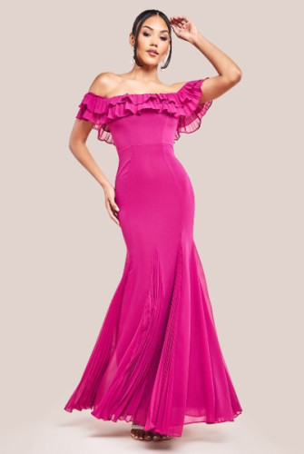 Goddiva Frilled Off The Shoulder Pleated Dress