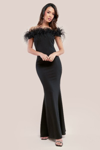 Goddiva Scuba Off The Shoulder Feather Trim Maxi