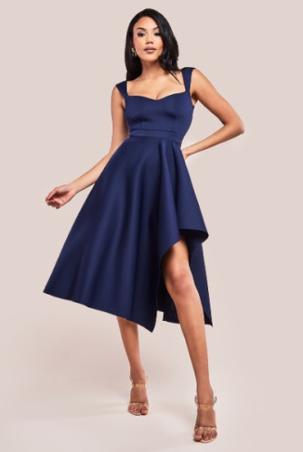 Goddiva Asymmetric Flared Hem Midi Dress