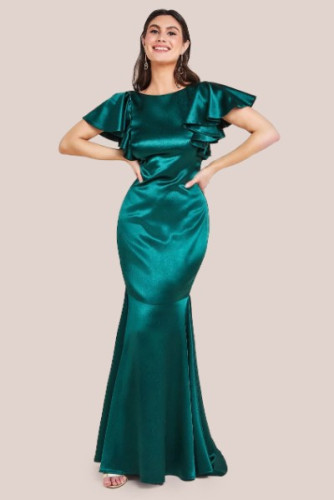 Goddiva Satin Flutter Sleeve Mermaid Maxi